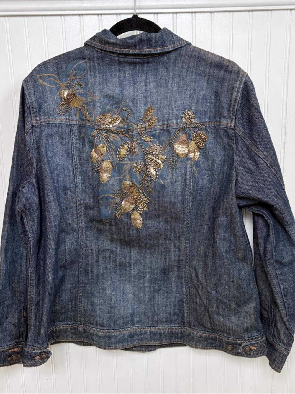 Coldwater Creek Dark Denim Bronze Sequin & Beading Jean Jacket Plus Size W18